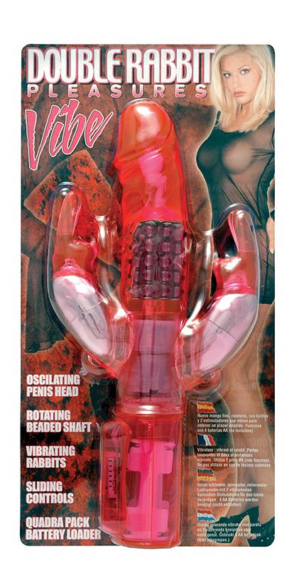 Розовый вибратор с вращающимися шариками и двумя отростками-зайцами - 25 см. - фото 128917 Розовый вибратор с вращающимися шариками и двумя отростками-зайцами - 25 см. - фото 128917