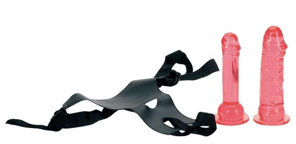 Трусики из кожзаменителя с двумя фаллоимитаторами CROTCHLESS STRAP-ON 2 DONGS HOT PINK - фото 128929