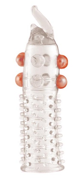Гелевая прозрачная насадка с шариками, шипами и усиком - 11 см. - фото 305522