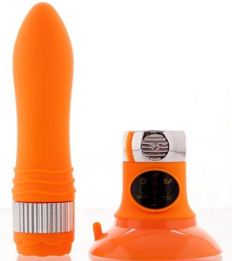 Оранжевый водонепроницаемый вибратор на присоске со сменной панелью управления - 19 см. - фото 130356