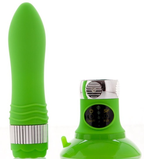 Зеленый водонепроницаемый вибратор на присоске со сменной панелью управления 19 см. - фото 203347