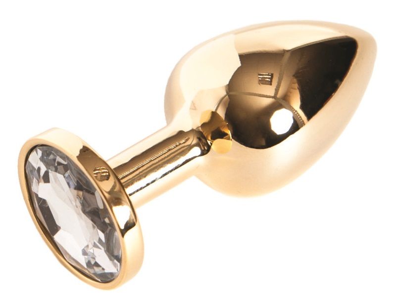 Золотистая маленькая анальная втулка с прозрачным кристаллом - 6 см. - фото 156590