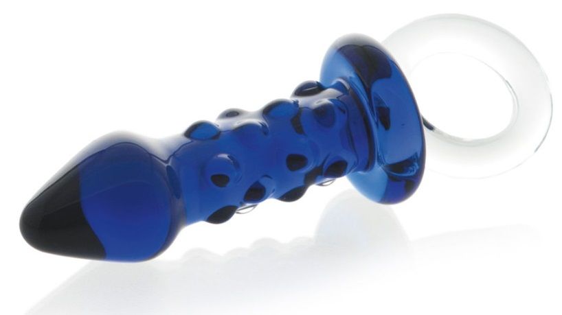Синяя стеклянная анальная втулка с ручкой-кольцом - 16 см. - фото 133710