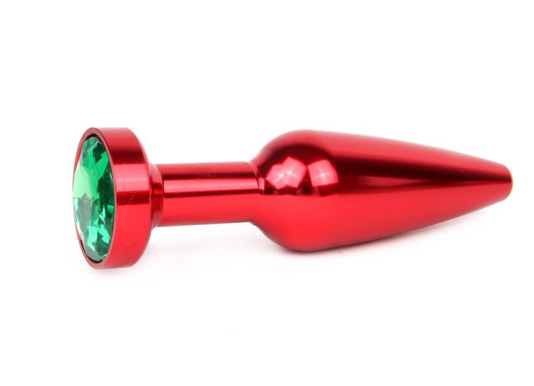 Удлиненная коническая гладкая красная анальная втулка с зеленым кристаллом - 11,3 см.
