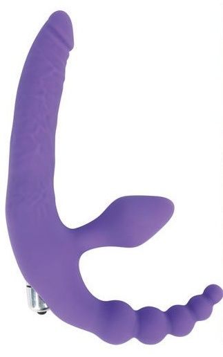 Фиолетовый безремневой страпон с анальным отростком и вибрацией - 15 см. Bior toys ST-40185-5