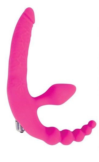 Розовый безремневой страпон с анальным отростком и вибрацией - 15 см. Bior toys ST-40185-16