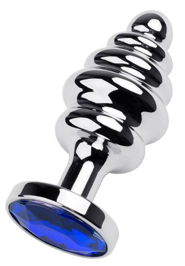 Серебристая анальная пробка-елочка с синим кристаллом - 7,2 см. - фото 175997