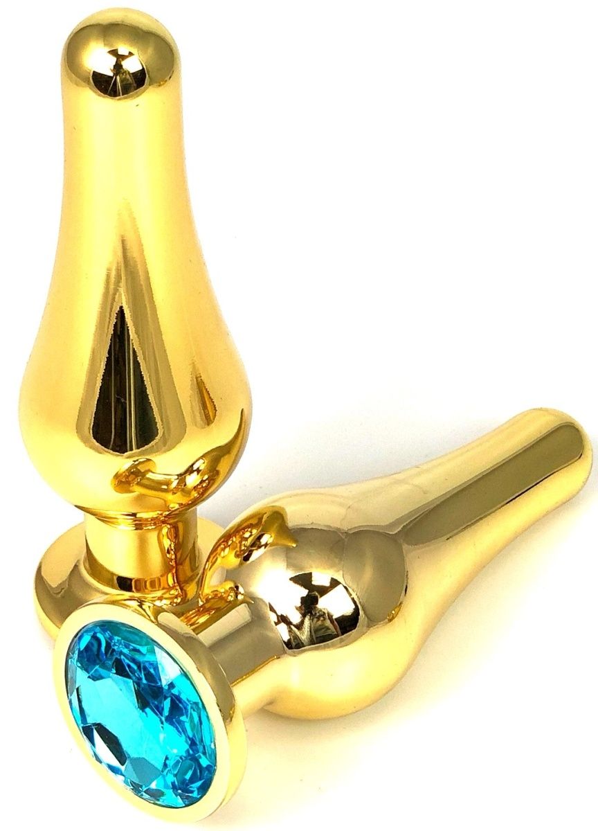 Золотистая удлиненная анальная пробка с голубым кристаллом - 11,5 см. - фото 182629