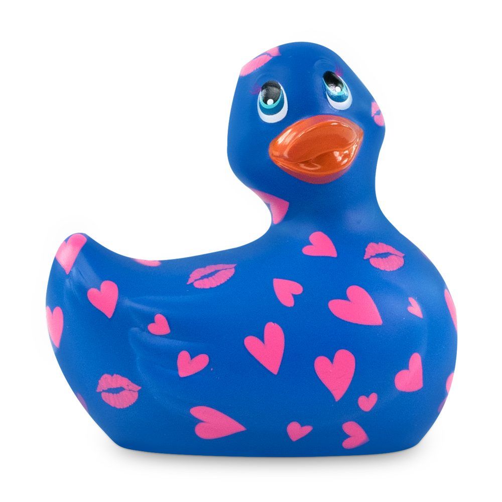 Синий вибратор-уточка I Rub My Duckie 2.0 Romance с розовым принтом - фото 302382