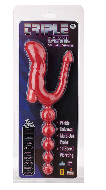 Красный тройной вибростимулятор Triple Devil Butt Plug With Mini Vibe - 28 см. - фото 136248