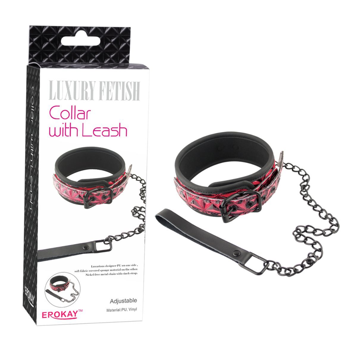 Красно-чёрный кожаный ошейник с поводком Collar With Leash - фото 136444