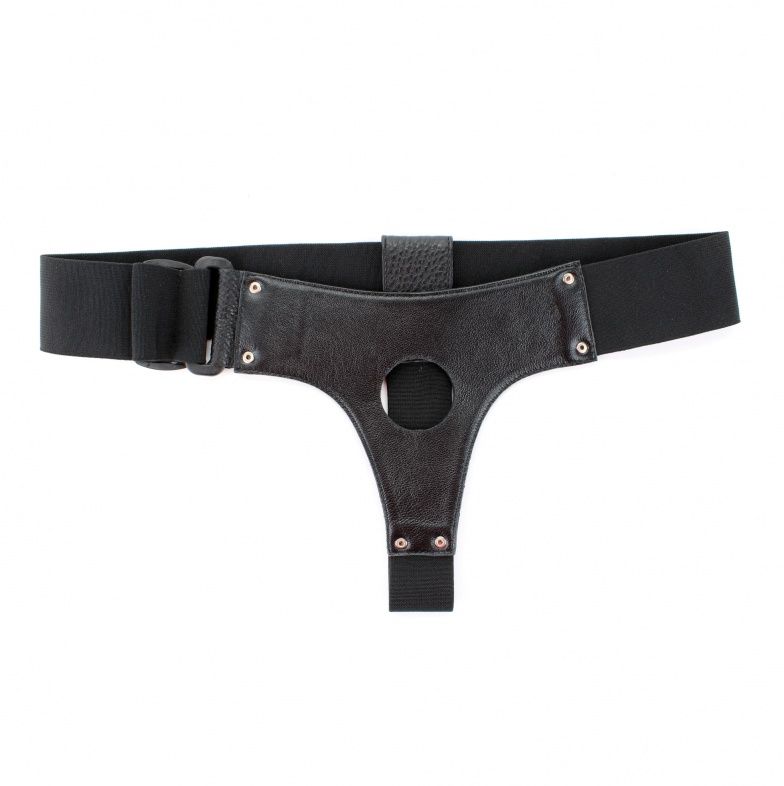 Чёрные трусики для страпона из натуральной кожи - фото 137201