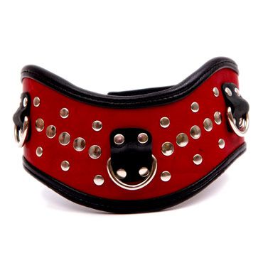 Фигурный красный ошейник с клёпками и кольцами - фото 138001 Фигурный красный ошейник с клёпками и кольцами - фото 138001