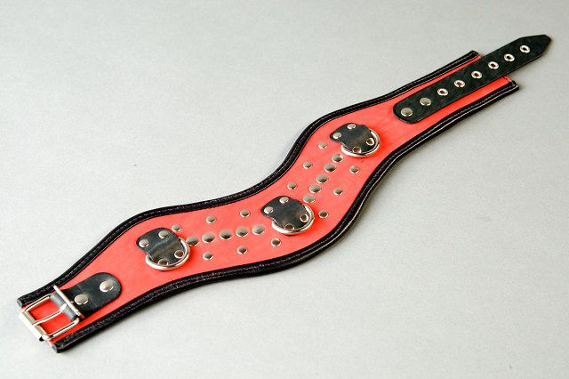 Фигурный красный ошейник с клёпками и кольцами - фото 138002 Фигурный красный ошейник с клёпками и кольцами - фото 138002