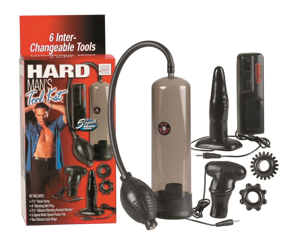 Набор для мужчин Hard Mans Tool Kit: вакуумная помпа, анальная пробка, эрекционные кольца и виброяичко - фото 139436