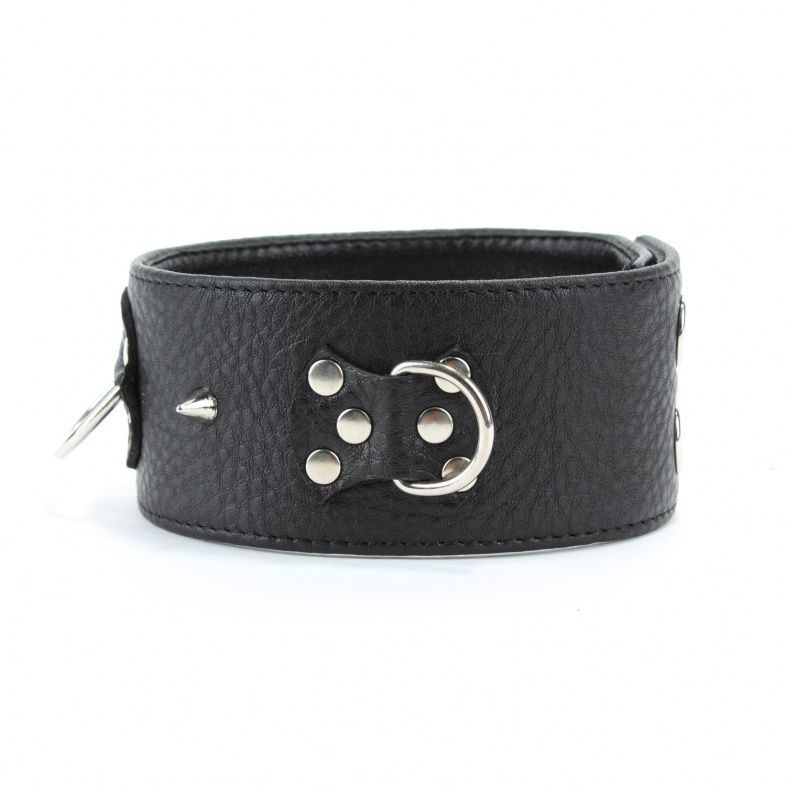 Чёрный кожаный ошейник с кольцами и клёпками - фото 139567