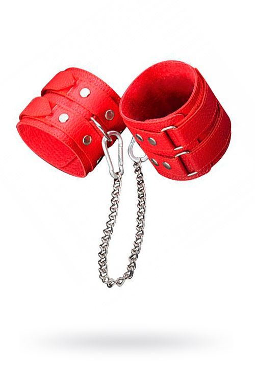 Кожаные красные оковы с цепочкой - фото 140405