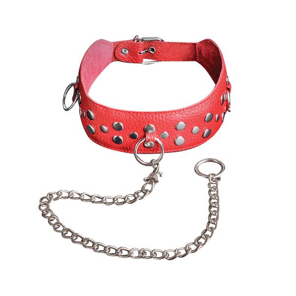 Красный кожаный ошейник с карабином и поводком - фото 140498