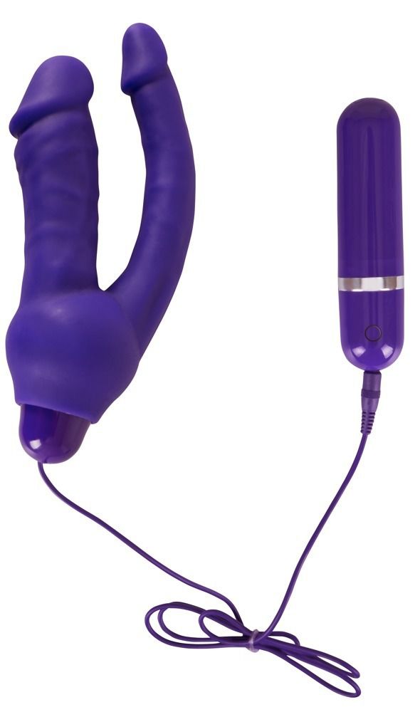 Фиолетовый анально-вагинальный вибратор с выносным блоком управления - 16 см. - фото 143345