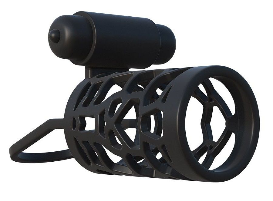 Чёрная насадка с подхватом мошонки и вибропулей - фото 144698