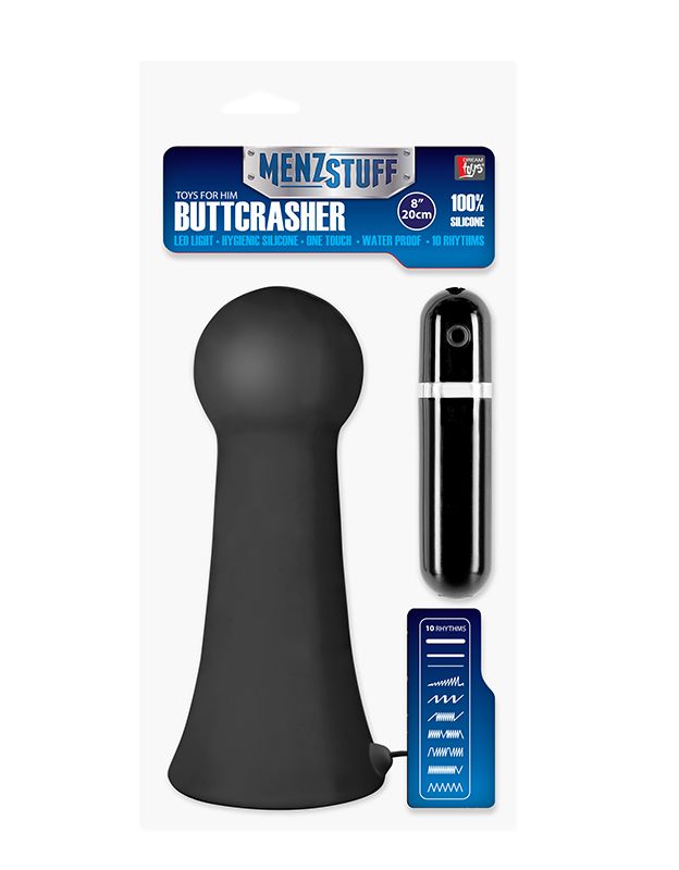 Большая чёрная вибропробка MENZSTUFF VIBRATING BUTTCRASHER BULBOUS - 20 см. - фото 144999