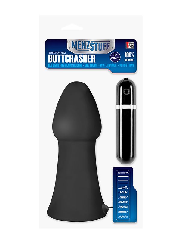 Большая чёрная вибропробка MENZSTUFF VIBRATING BUTTCRASHER CONED - 20 см. - фото 145001