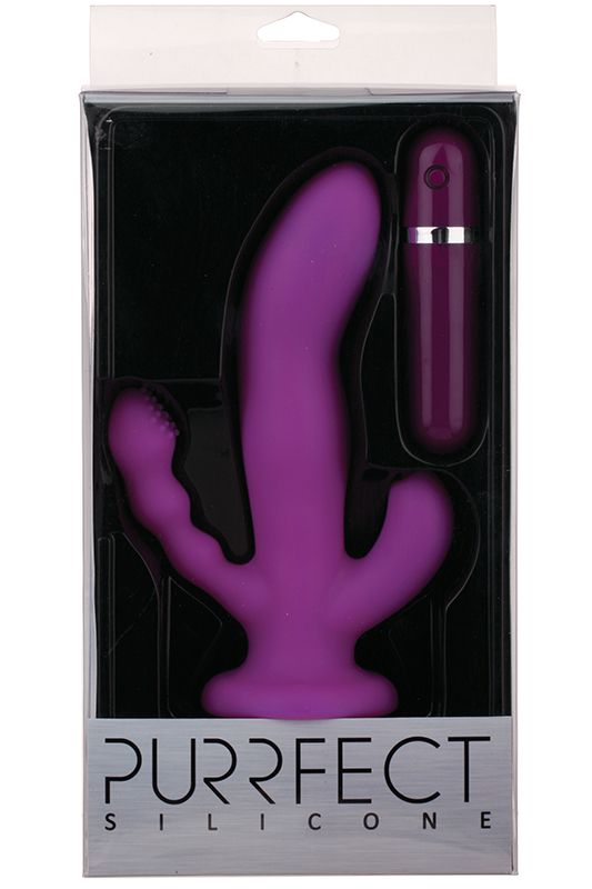 Фиолетовый вибратор с двумя дополнительными отростками PURRFECT SILICONE 3WAYS VIBRATOR 6.5INCH - 17 см. - фото 145070