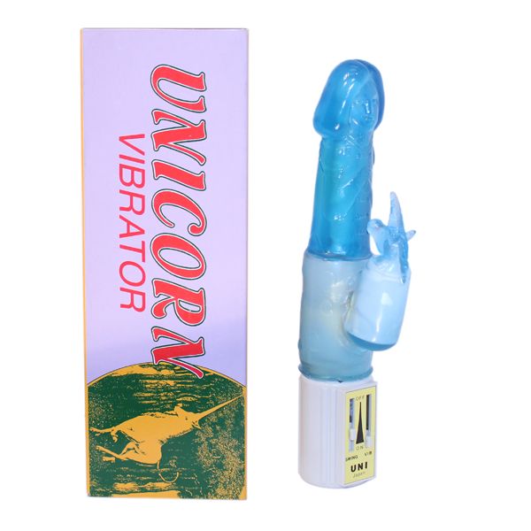 Голубой вибратор с клиторальным отростком в виде единорога UNICORN - 18 см. - фото 145220
