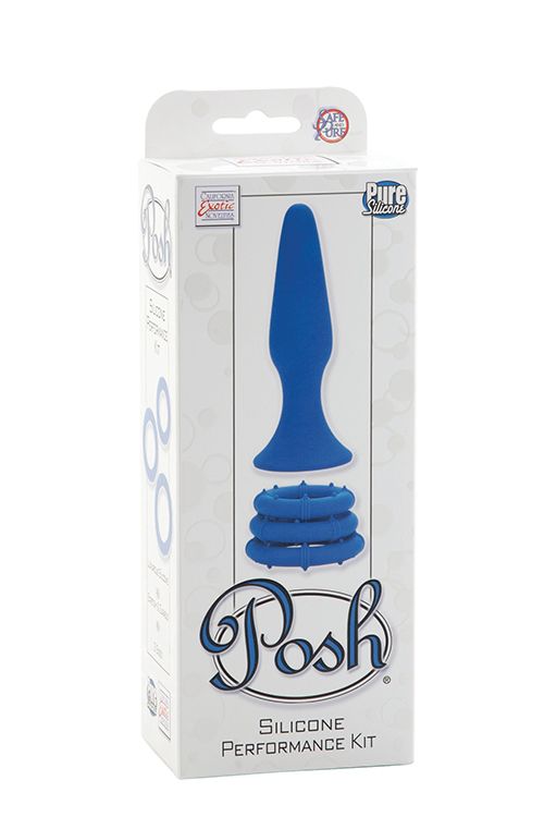 Синий набор Posh Silicone Performance Kits: анальная пробка и 3 эрекционных кольца - фото 145353