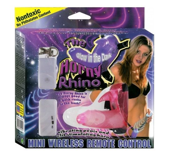 Розовый вибростимулятор в виде рога носорога на регулируемых трусиках и с пультом ДУ - фото 145538