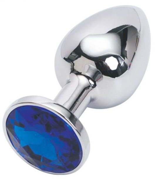 Серебряная металлическая анальная пробка с синим стразиком - 7,6 см. - фото 314884