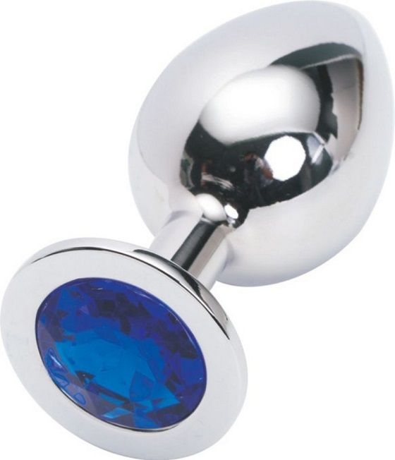 Серебряная металлическая анальная пробка среднего размера с синим стразиком - 8,2 см. - фото 146849