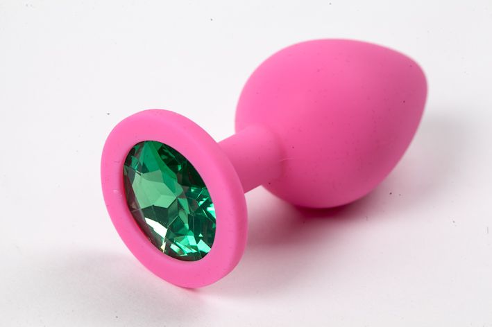 Розовая силиконовая анальная пробка с зеленым стразом - 8,2 см. - фото 315062