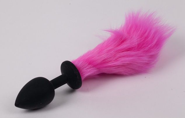 Черная силиконовая анальная пробка с розовым хвостиком - фото 315082