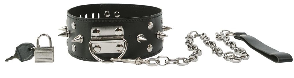 Широкий ошейник с шипами и поводком - фото 147532