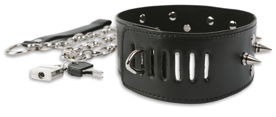 Широкий ошейник с шипами и поводком - фото 147533