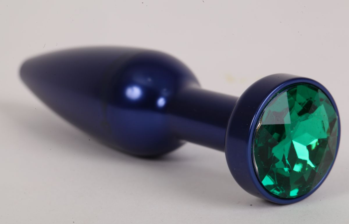 Большая синяя анальная пробка с зеленым стразом - 11,2 см. - фото 148423
