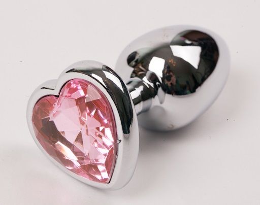 Серебристая анальная пробка с розовым стразиком-сердечком - 8 см. - фото 148674