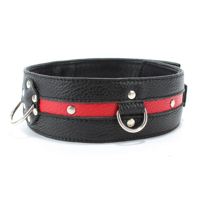 Черно-красный кожаный ошейник увеличенного размера с кольцом - фото 148728