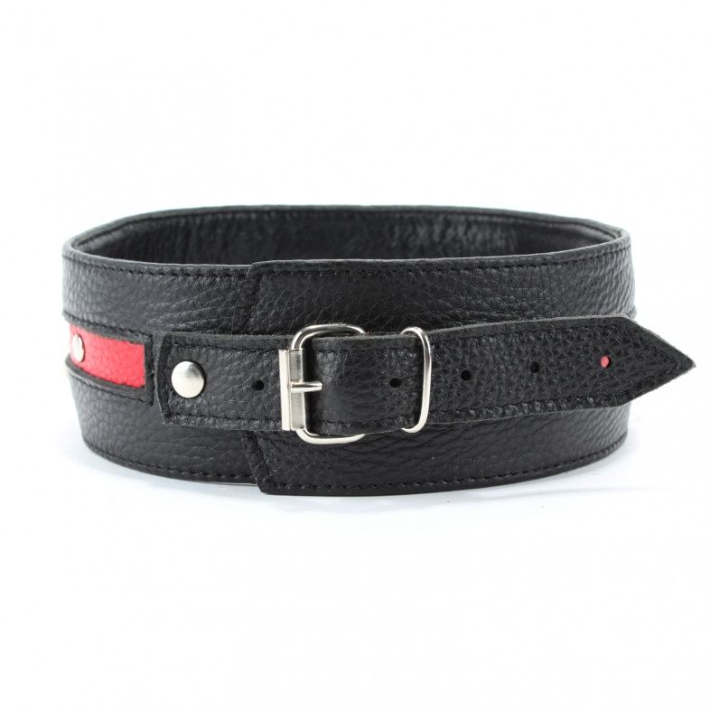 Черно-красный кожаный ошейник увеличенного размера с кольцом - фото 148729