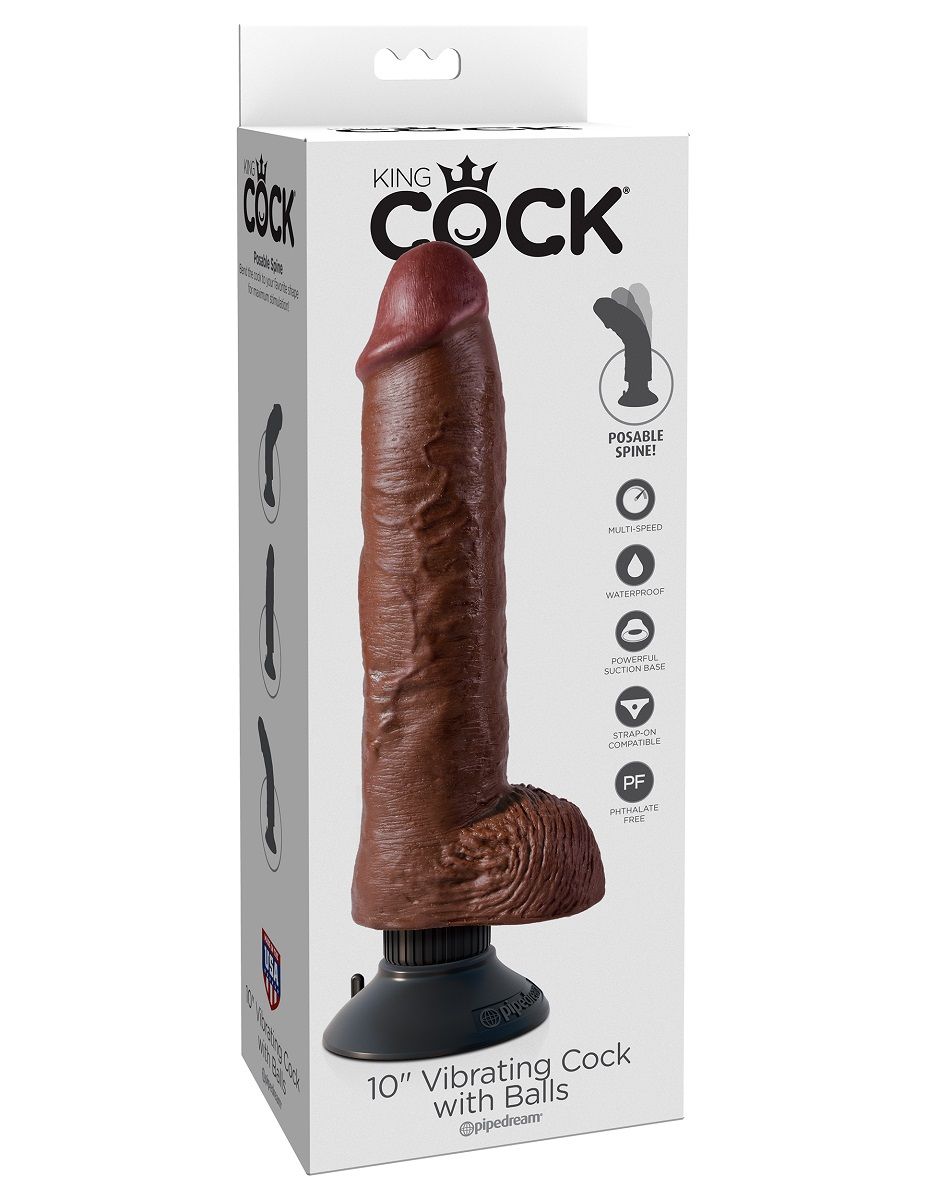 Коричневый вибратор-гигант со съёмной присоской 10 Vibrating Cock with Balls - 25,4 см. - фото 149500