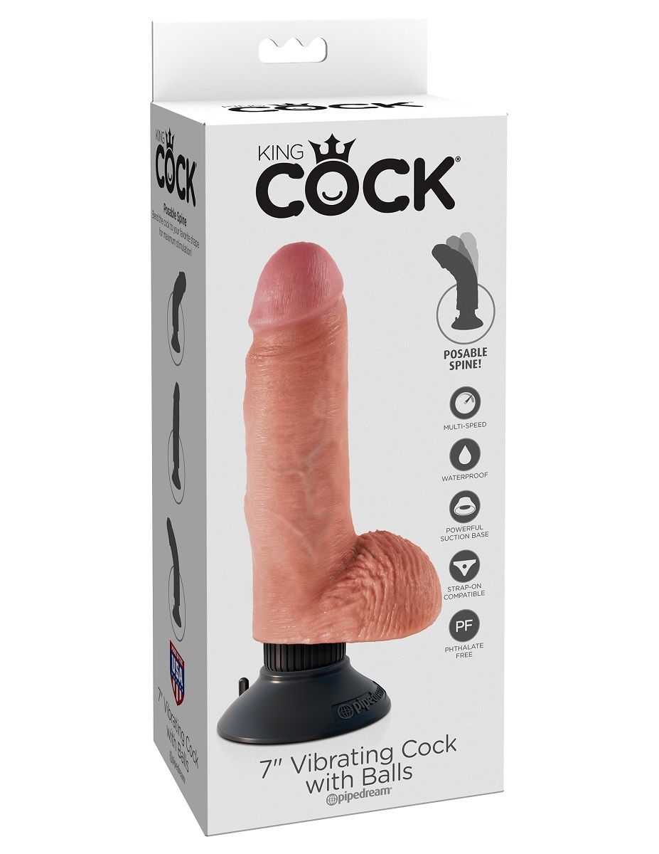 Телесный вибратор с мошонкой и съемной присоской 7 Vibrating Cock with Balls - 17,8 см. - фото 149512