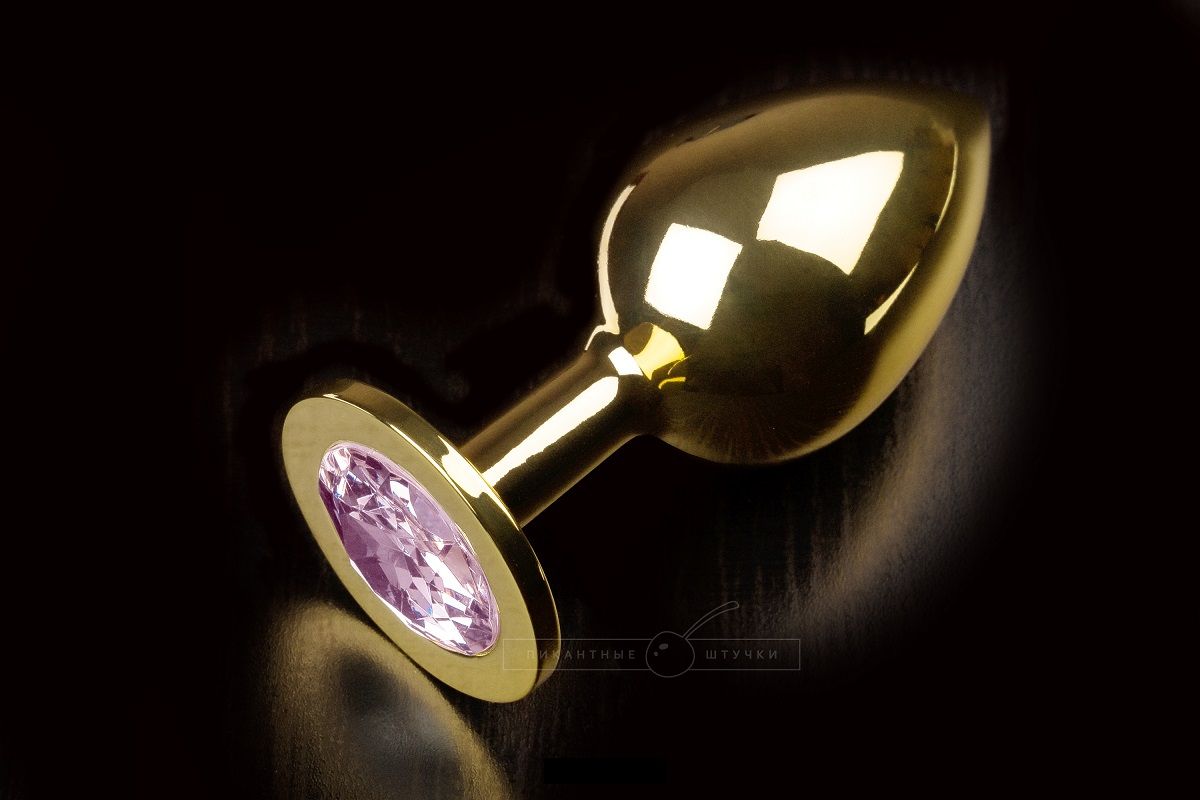 Большая золотая анальная пробка с закругленным кончиком и розовым кристаллом - 9 см.