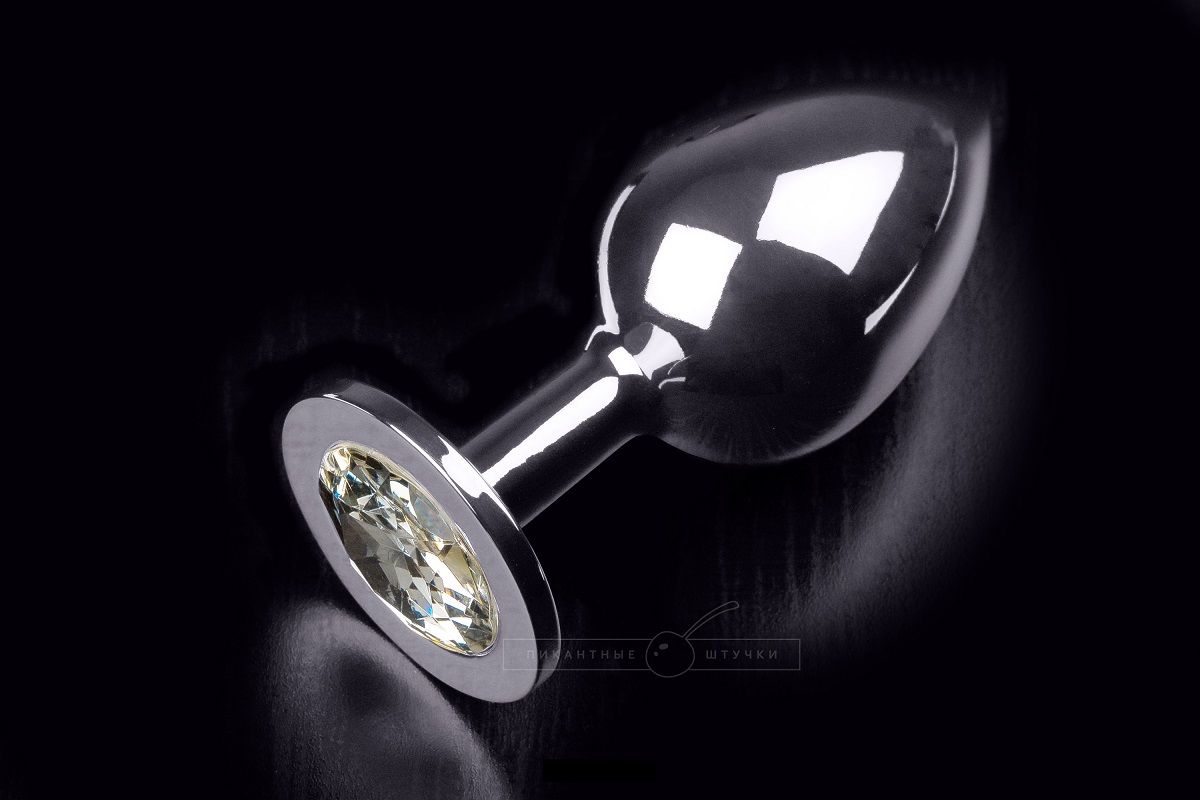 Большая серебристая анальная пробка с круглым кончиком и прозрачным кристаллом - 9 см. - фото 149870