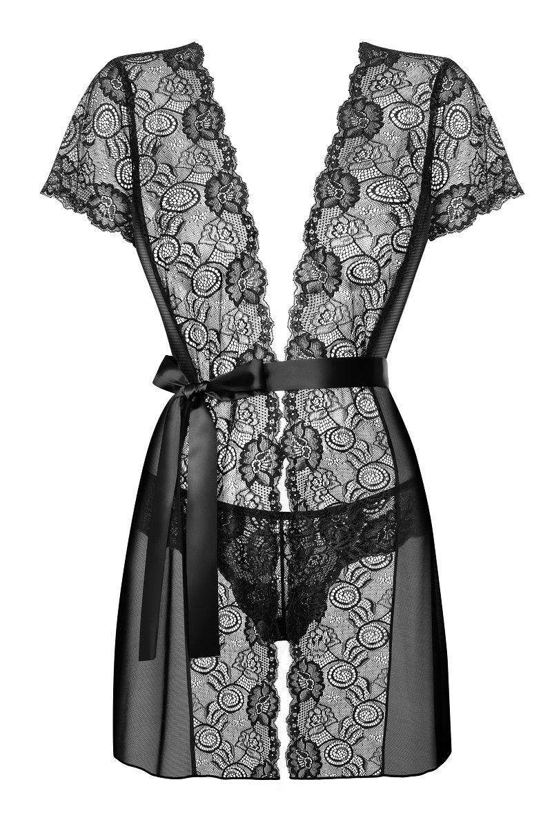 Полупрозрачный коротенький пеньюар с пояском и кружевными рукавчиками - фото 150444