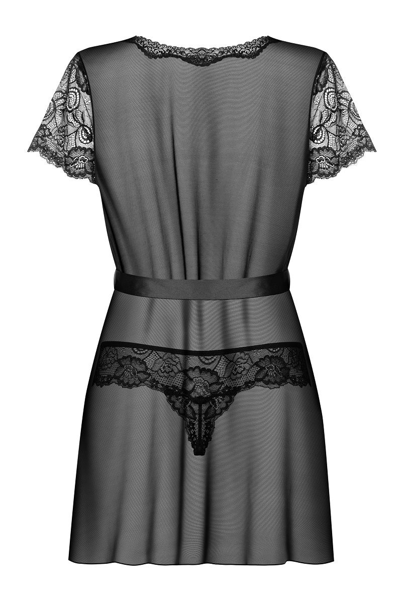 Полупрозрачный коротенький пеньюар с пояском и кружевными рукавчиками - фото 150445