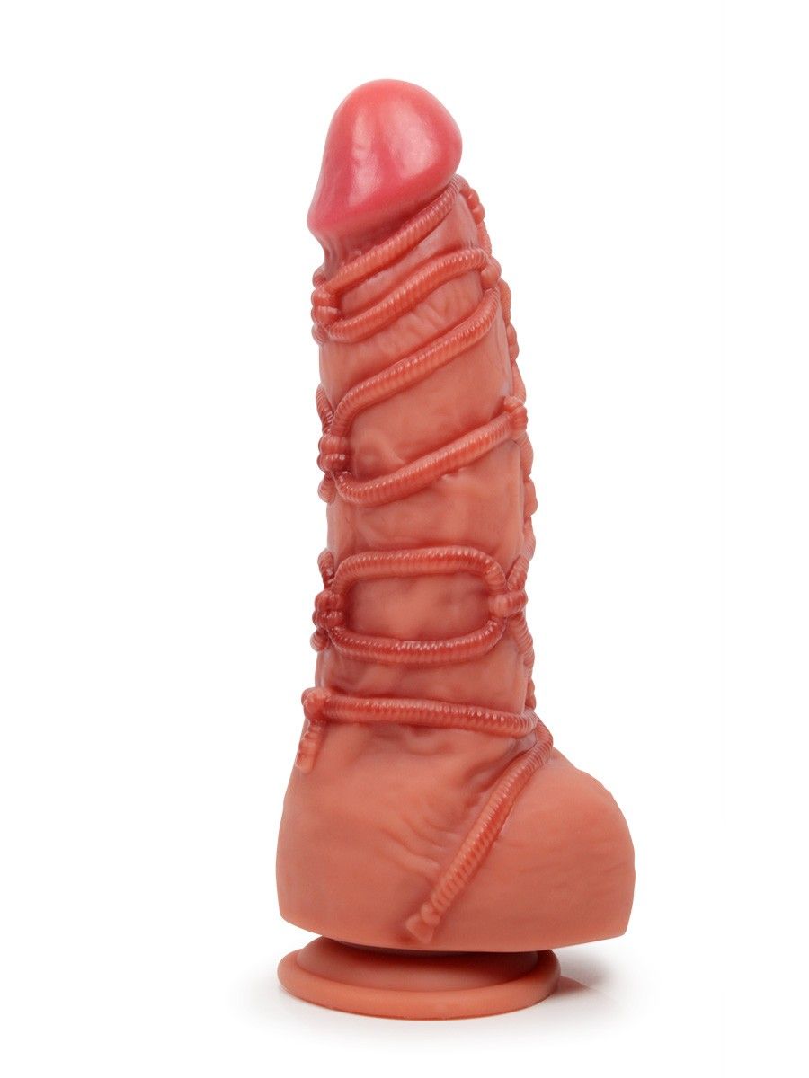 Телесный фаллоимитатор с имитацией шибари - 25 см. 529347