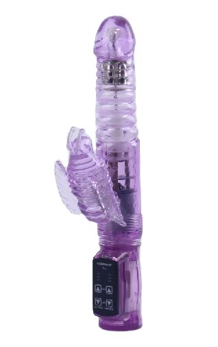 Фиолетовый вибратор с ротацией, функцией Up Down и клиторальной бабочкой - 23,5 см. White Label 47086-MM
