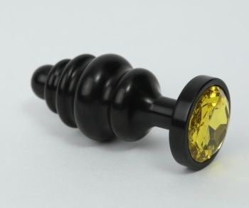 Чёрная ребристая анальная пробка с жёлтым кристаллом - 7,3 см. - фото 97251