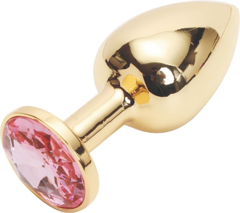 Золотистая анальная пробка с розовым кристаллом размера M - 8 см. - фото 189720